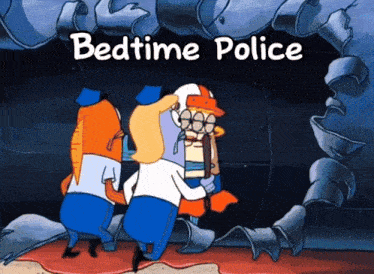 a cartoon scene with the words bedtime police written above it