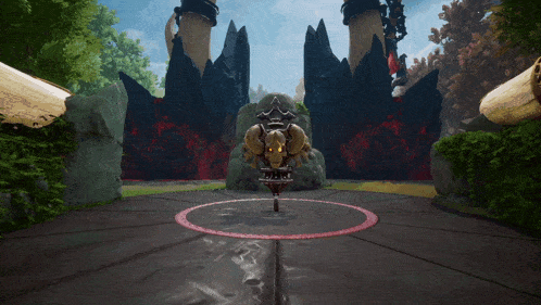 a video game scene with a skull and horns in the middle