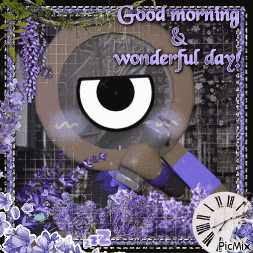 a good morning and wonderful day greeting card with purple flowers