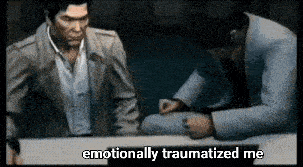 two men sitting at a table with the words " emotionally traumatized me " written on the bottom