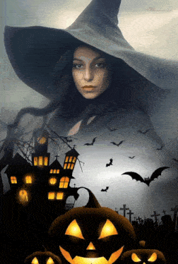 a woman in a witch 's hat stands in front of a haunted house and pumpkins