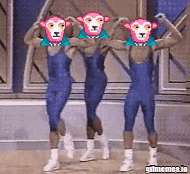 three men in blue overalls with pink monkey faces on them