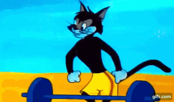 a cartoon cat is lifting a barbell on a yellow background .