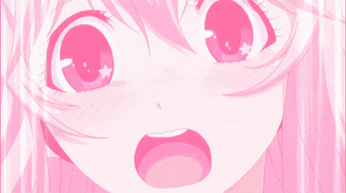 a close up of a pink anime girl 's face with a surprised look on her face