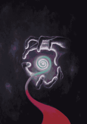 a painting of a hand holding a swirl with a rainbow tail