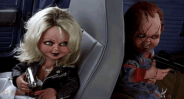 chucky and his bride are sitting in a car holding guns