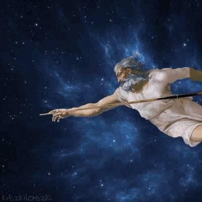 a painting of a man with a beard and a white shirt is flying through space
