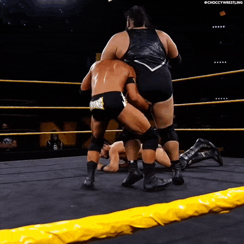 a wrestler with the word bronco on his shorts is fighting another wrestler