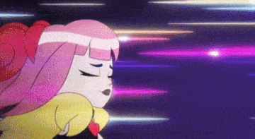 a cartoon girl with pink hair and a red bow is flying through the air