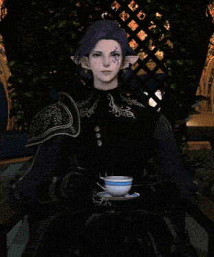 a man with purple hair is sitting in a chair holding a cup and saucer