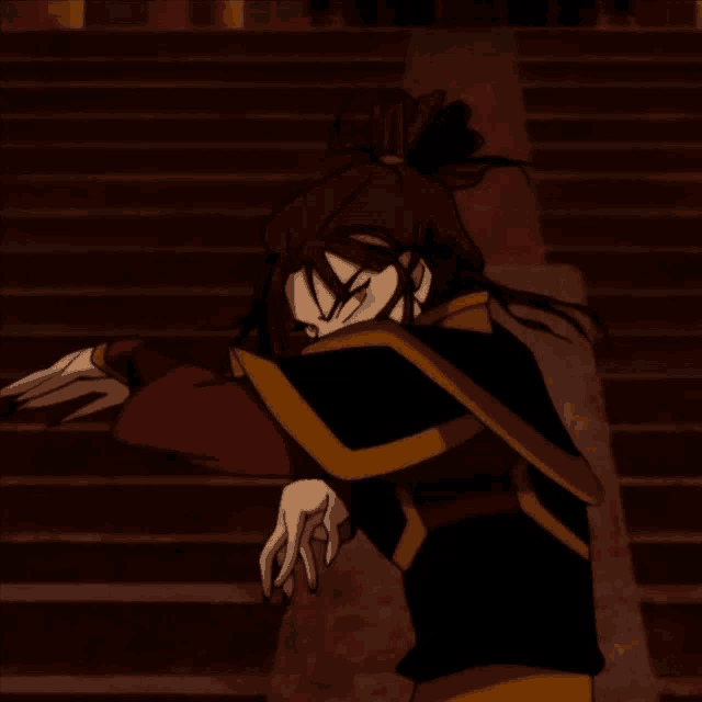 a cartoon character is standing on a set of stairs and covering her face with her hands