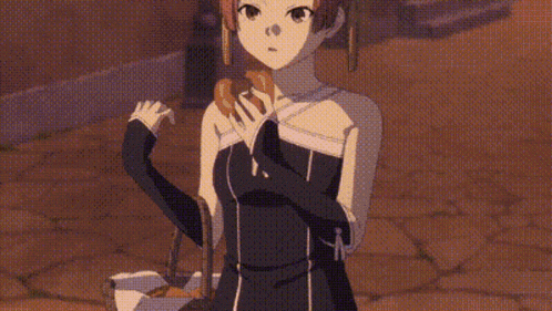 a girl in a black dress is eating a donut in a cartoon .
