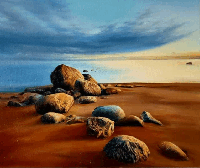 a painting of rocks on a beach with a blue sky in the background