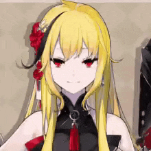 a girl with long blonde hair and red eyes is wearing a black dress and a red flower in her hair .