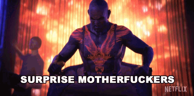 a netflix advertisement shows a man with a tattoo on his chest and says surprise motherfuckers