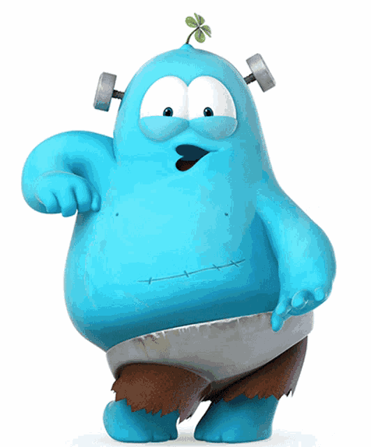 a blue cartoon character with a clover on top of his head