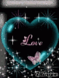 a blue heart with the word love written on it and a butterfly on a black background .