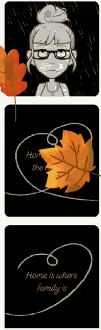 a cartoon of a girl with glasses and the words home is where the heart is on the bottom