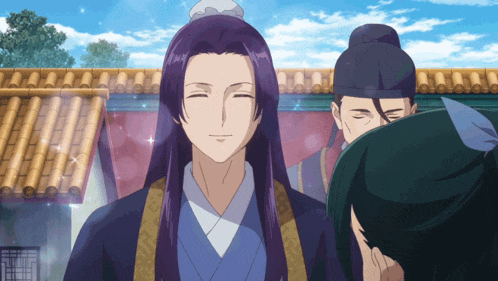 a man with long purple hair is smiling in front of a roof