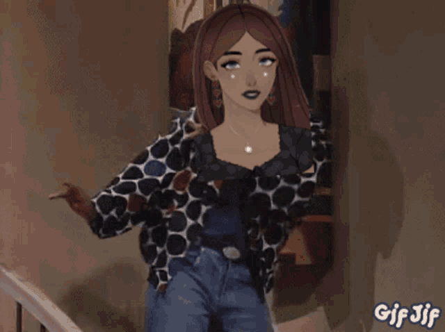 a woman in a polka dot shirt is standing on a set of stairs in front of a painting ..