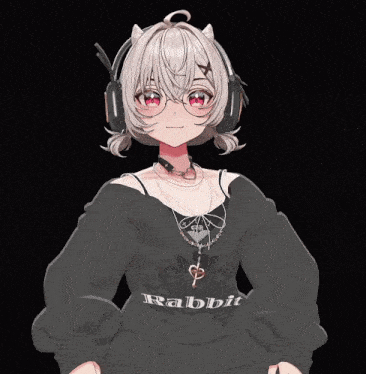 a girl wearing headphones and a sweater that says rabbit on it
