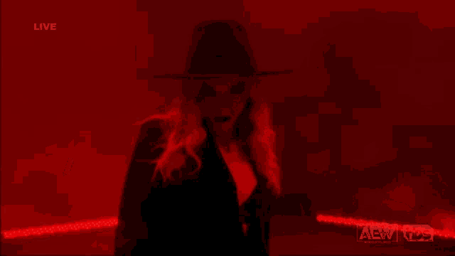 a woman in a fedora is standing in a dark room with a live aew wrestling logo in the corner