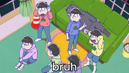 a group of cartoon characters are standing around a green couch and the word bruh is on the bottom right