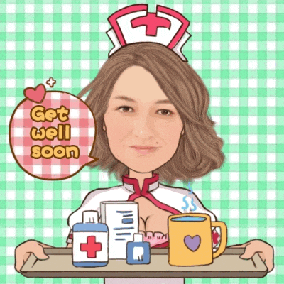 a cartoon of a nurse holding a tray with a cup of tea and a speech bubble that says get well soon