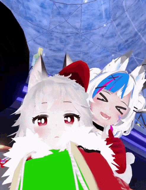 a couple of anime characters with one wearing a red santa hat
