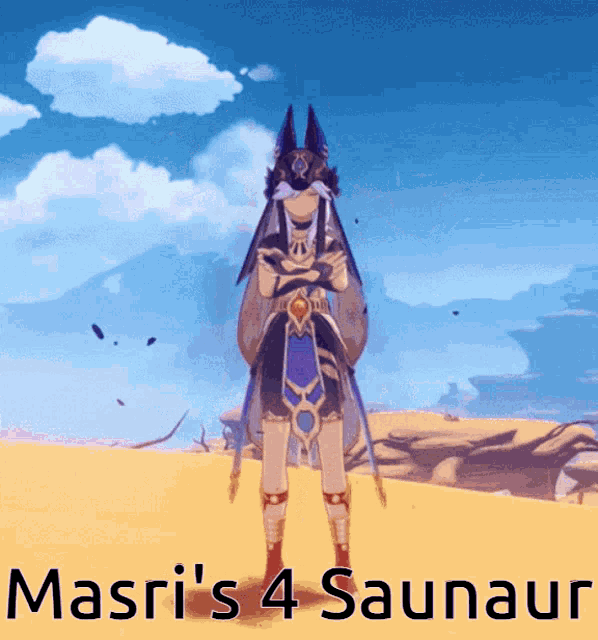 a video game character with the name masri 's 4 saunaur on it
