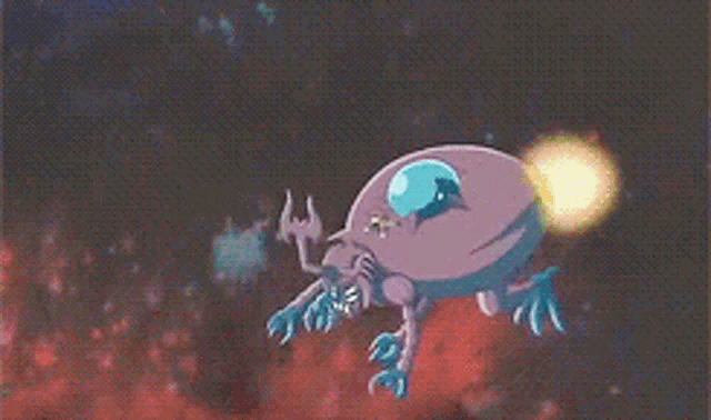 a cartoon drawing of a bug with a blue head flying through space .