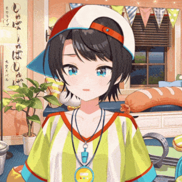 a girl wearing a hat and a whistle with chinese writing on it