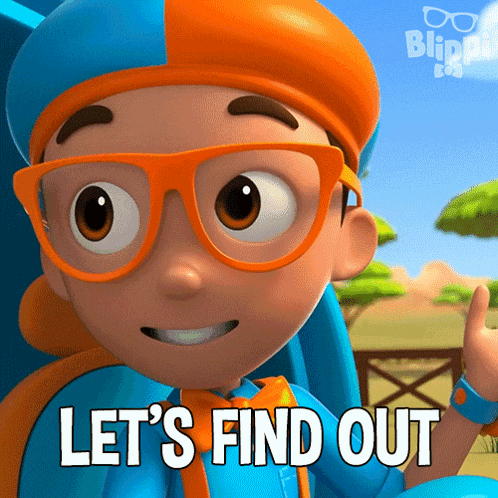 a cartoon character from blippi is giving a thumbs up and saying let 's find out