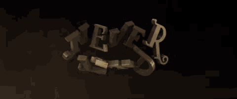 a dark background with the words never land written in gold letters