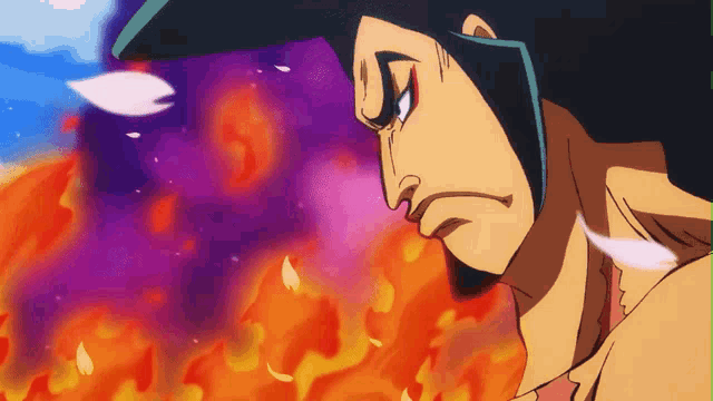 a cartoon of a man with a beard standing in front of flames
