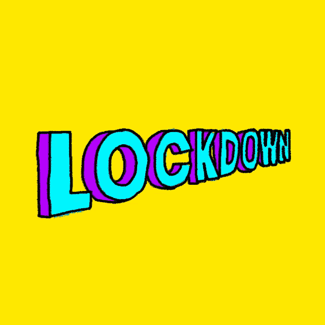 a yellow background with the word lockdown written in blue and purple
