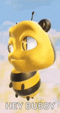a cartoon bee is flying in the air with the words `` hey bubby '' written on it .