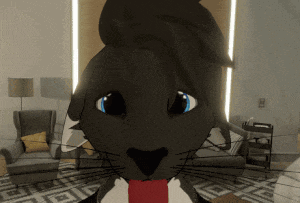 a black cat with blue eyes is wearing a suit and tie in a living room