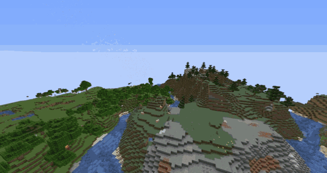 an aerial view of a minecraft world with trees and hills