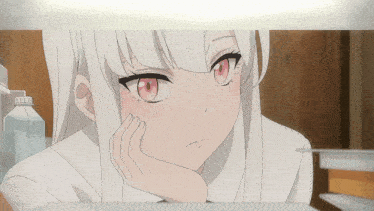 a girl with white hair is looking at herself in a mirror