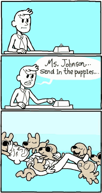 a cartoon shows a man sitting at a desk talking to ms. johnson