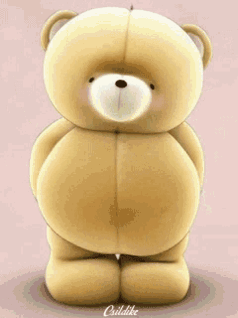 a teddy bear with a big belly is on a pink background with childlike written on the bottom