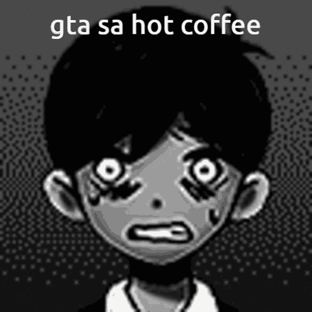 a black and white drawing of a boy with the words gta sa hot coffee written above him