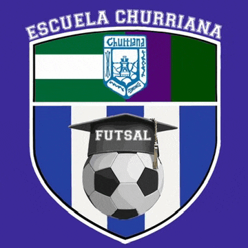 the logo for escuela churriana has a soccer ball and a graduation cap