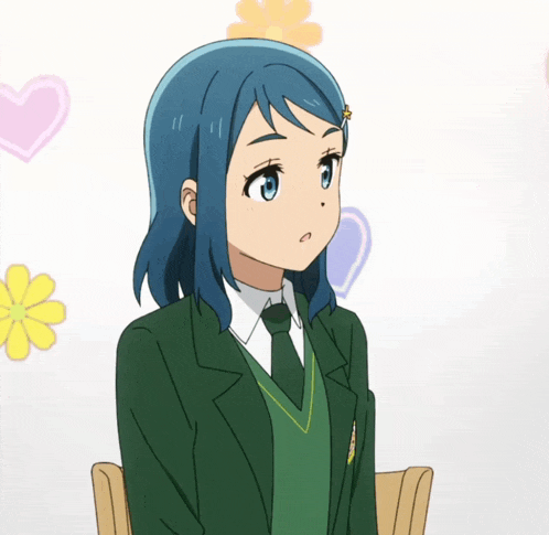 a girl with blue hair and a green jacket and tie