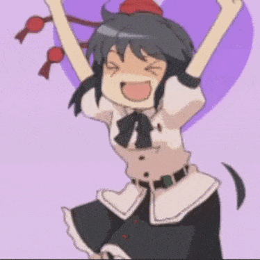a cartoon girl with her arms in the air and a heart behind her
