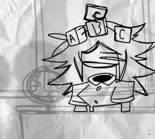 a black and white drawing of a person with abc blocks on his head