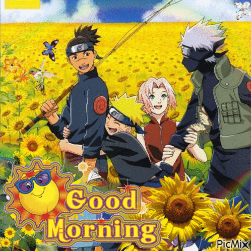 a group of anime characters are standing in a field of sunflowers with the words good morning on the bottom