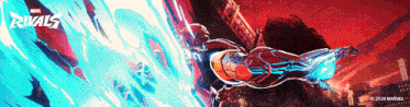 a poster for marvel rivals shows a man in a red suit flying through the air