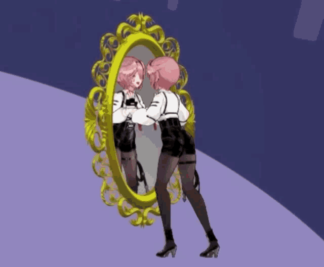 a girl with pink hair stands in front of a gold mirror